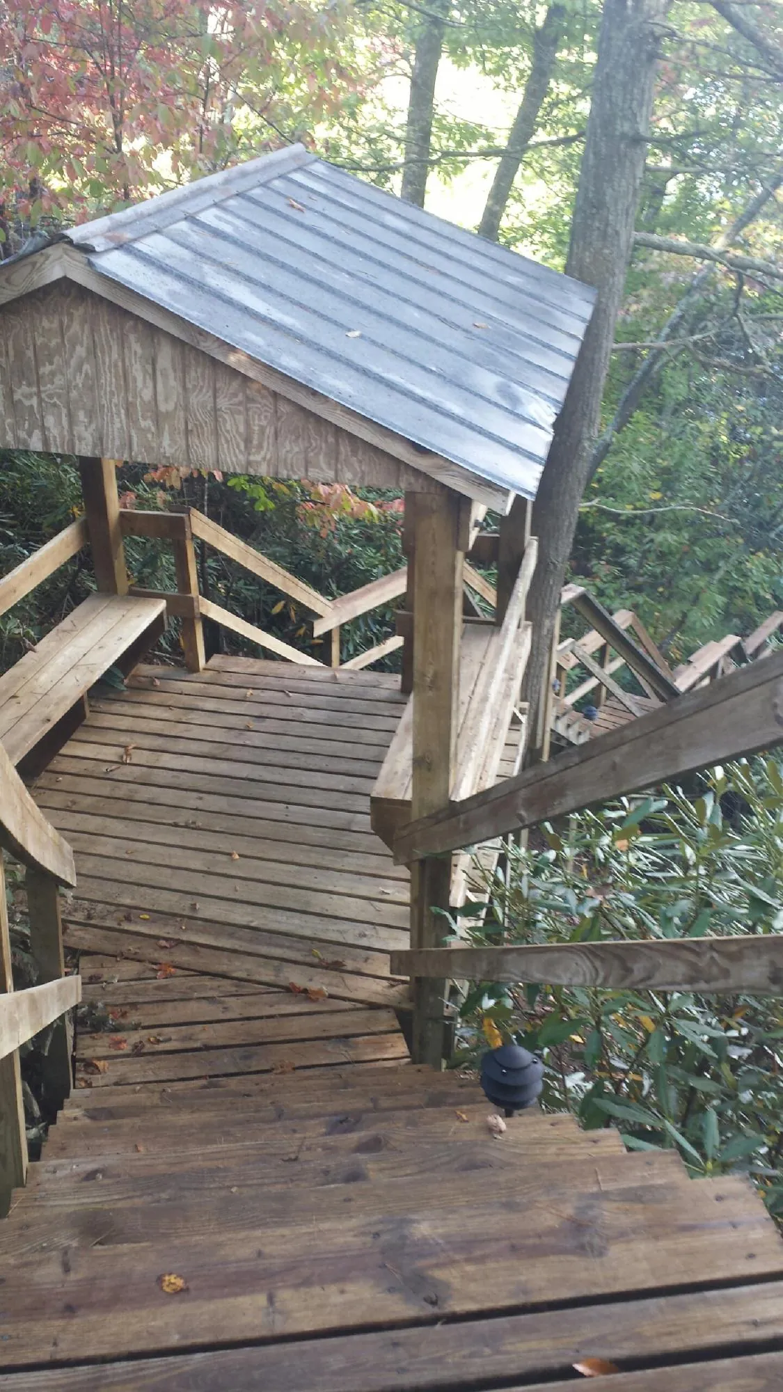 Metal roofed shelter over wooden steps on a wooded walkway — Skylight Repair & Installation work by our crew in Onley